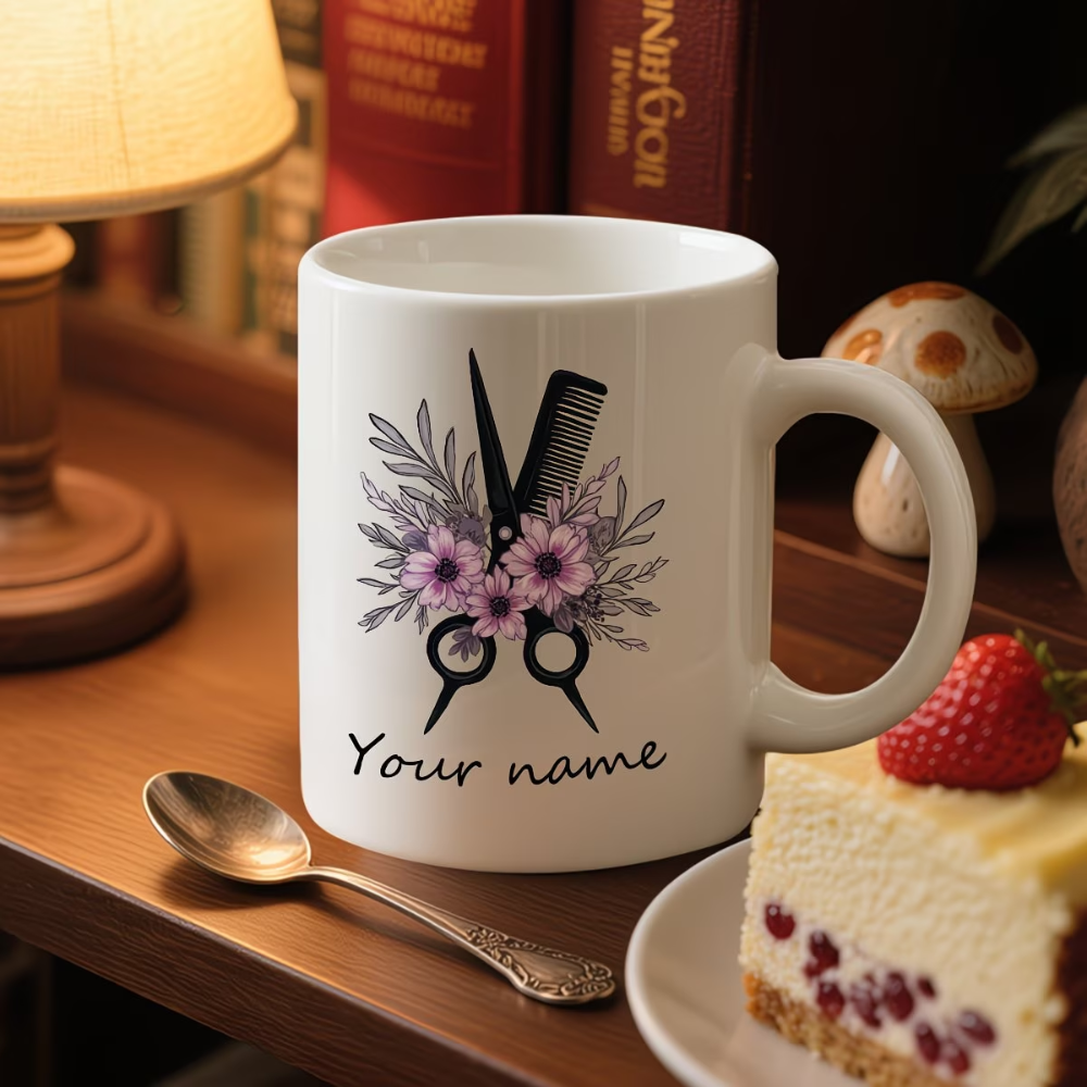 Personalized Barber Mug - Custom Name/Message Barber Scissors & Comb Design Ceramic Coffee Cup Suitable for Hot/Cold Drinks 