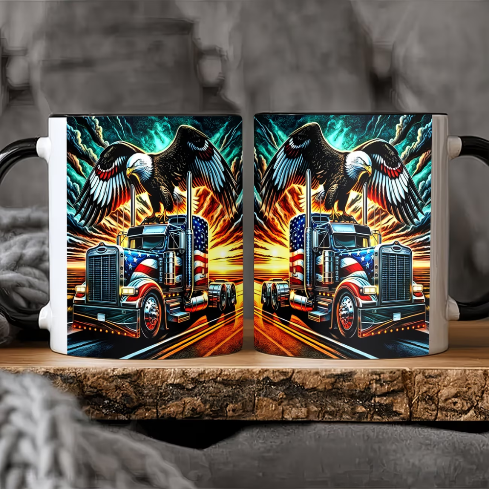 Ceramic Truck Coffee Mug with Eagle and American Flag Print