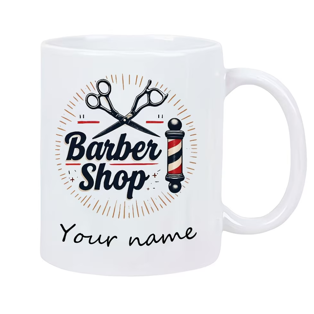 Customized Barber Shop Mug - Personalized Coffee Cup, Ceramic Tea Cup for Barbers, Hairstylists, Salon Owners - Happy Birthday, Father'S Day, Christmas Gift for Barber Dad, Husband, Or Boyfriend.