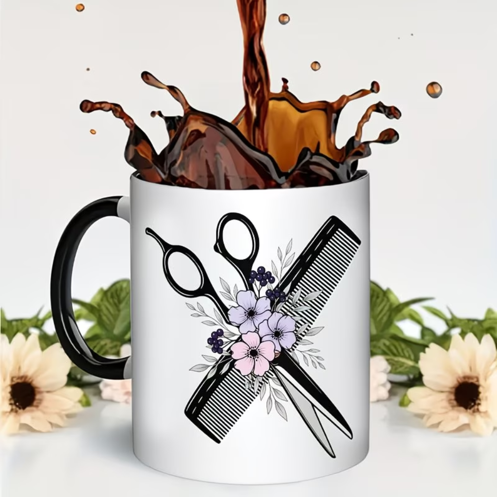 11oz Hairdresser Mug - Ceramic Coffee Cup with Hair Scissors, Comb & Barber Pole-like Floral Design (Pink/White), Black Interior & Handle