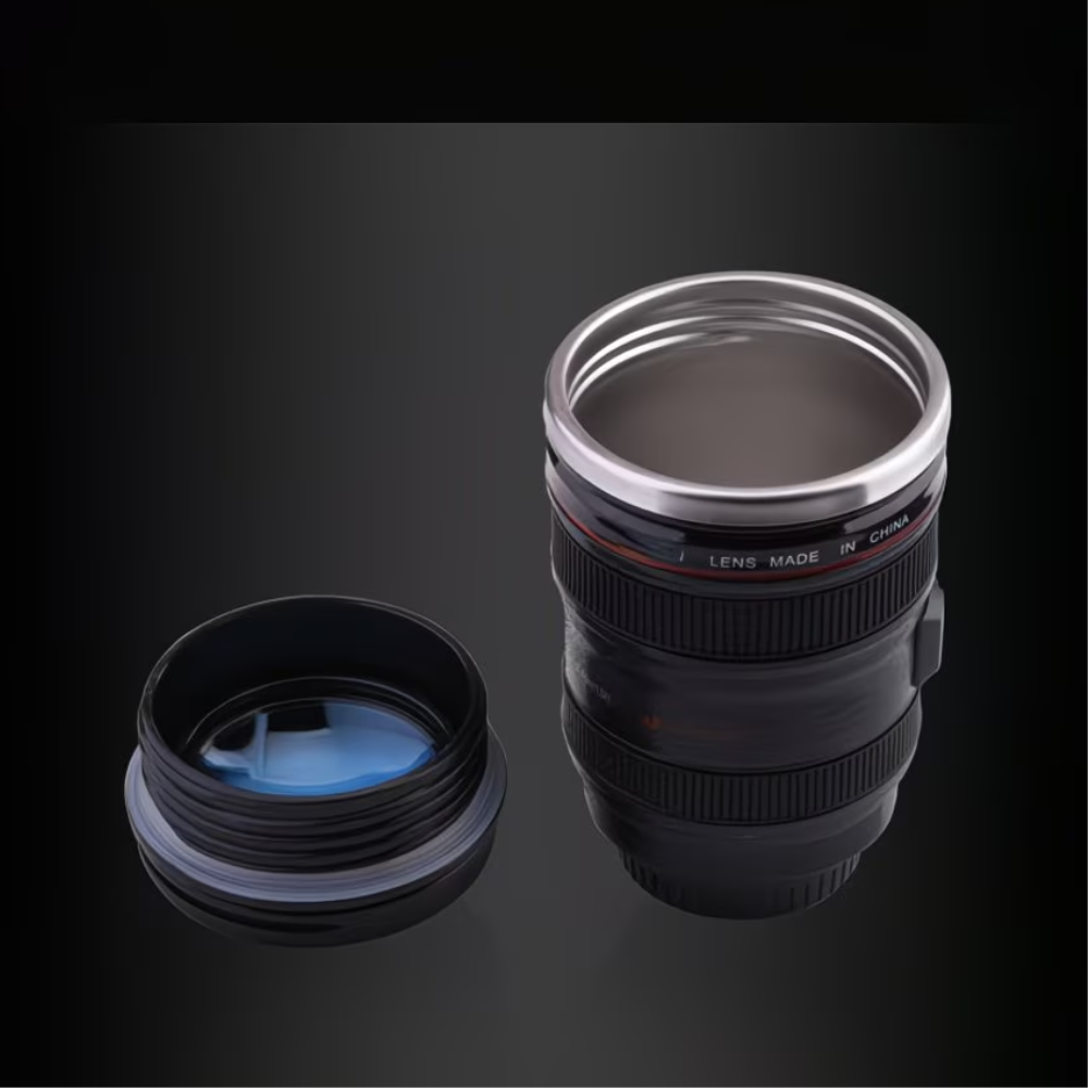 [Everyday Comfort] Camera Lens Coffee Mug | Stainless Steel & BPA-Free ABS Plastic | Multi-Use Travel Cup with Retractable Lid | Ideal