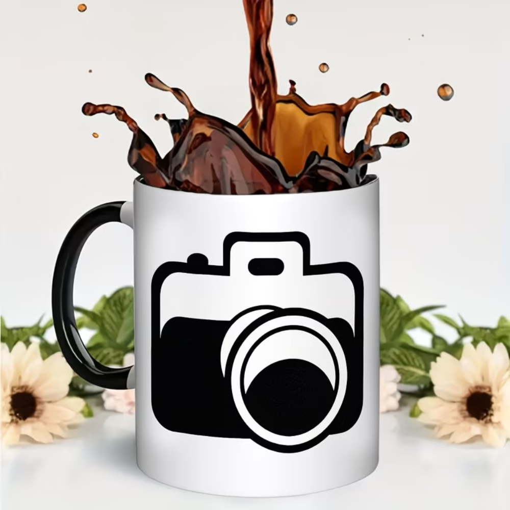 11oz Camera-Shaped Coffee Mug - White Camera & Aperture Design Ceramic Cup with Black Interior & Handle, Photography Lover