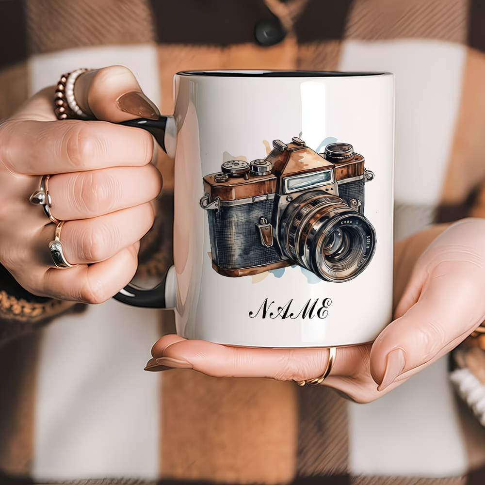 A Customized 11-Ounce Ceramic Mug with a Vintage Camera Design