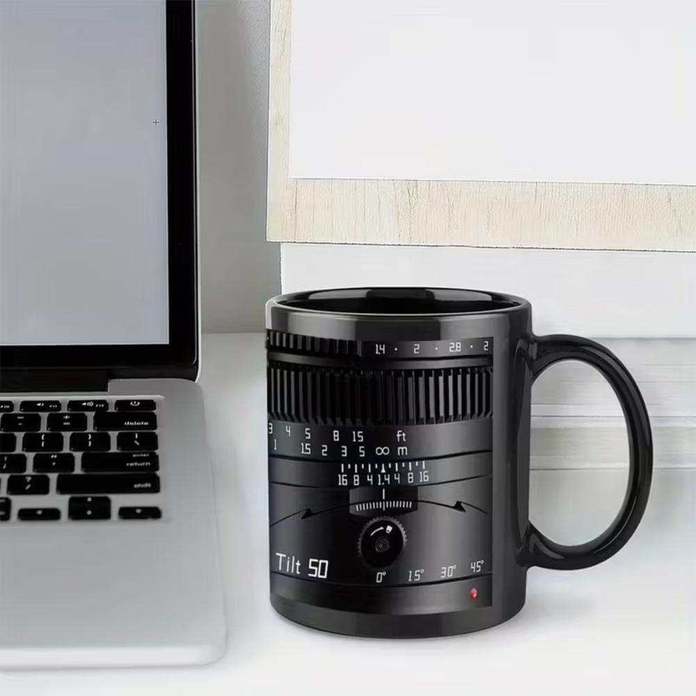 A Customized Ceramic Mug with a Vintage Camera Design