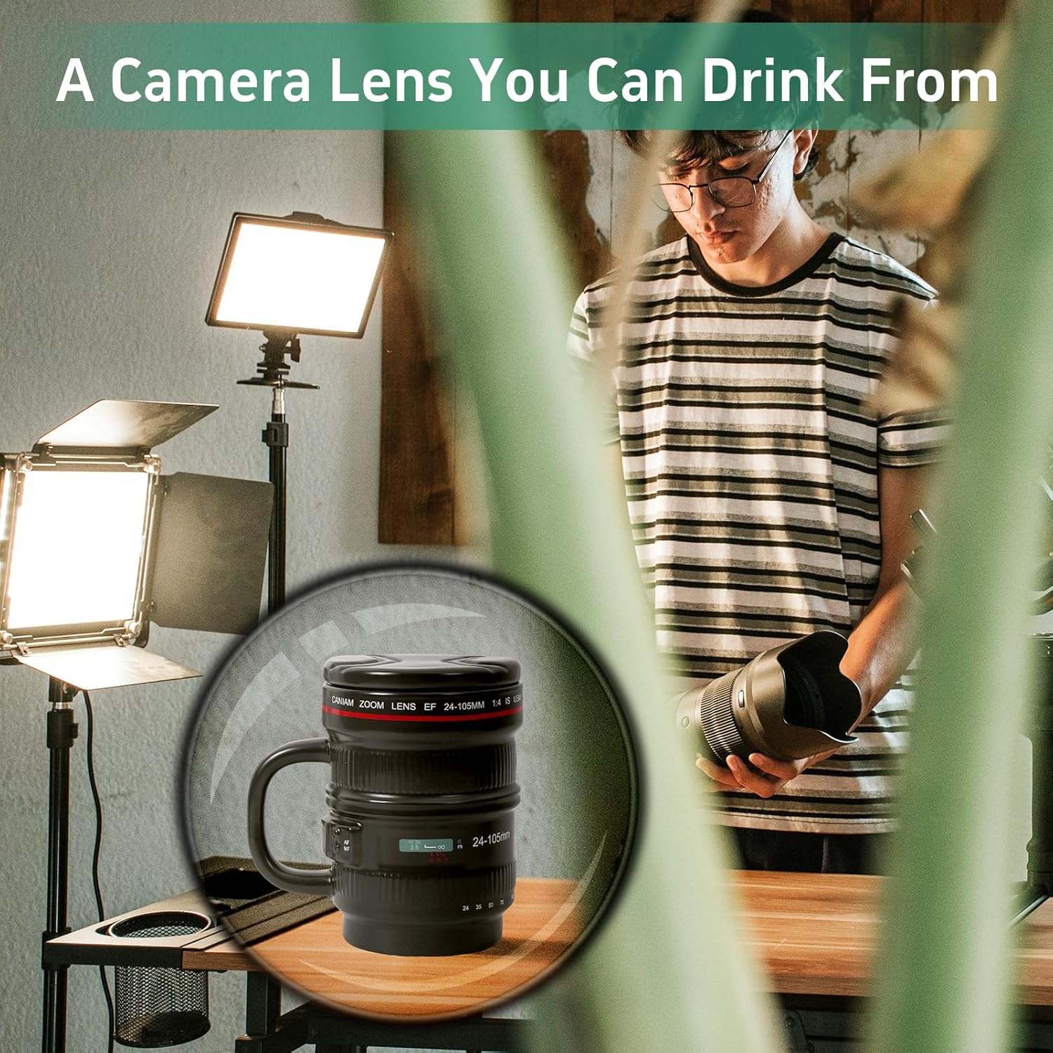 Photography Lover Camera Lens Ceramic Mug with Lid and Handle