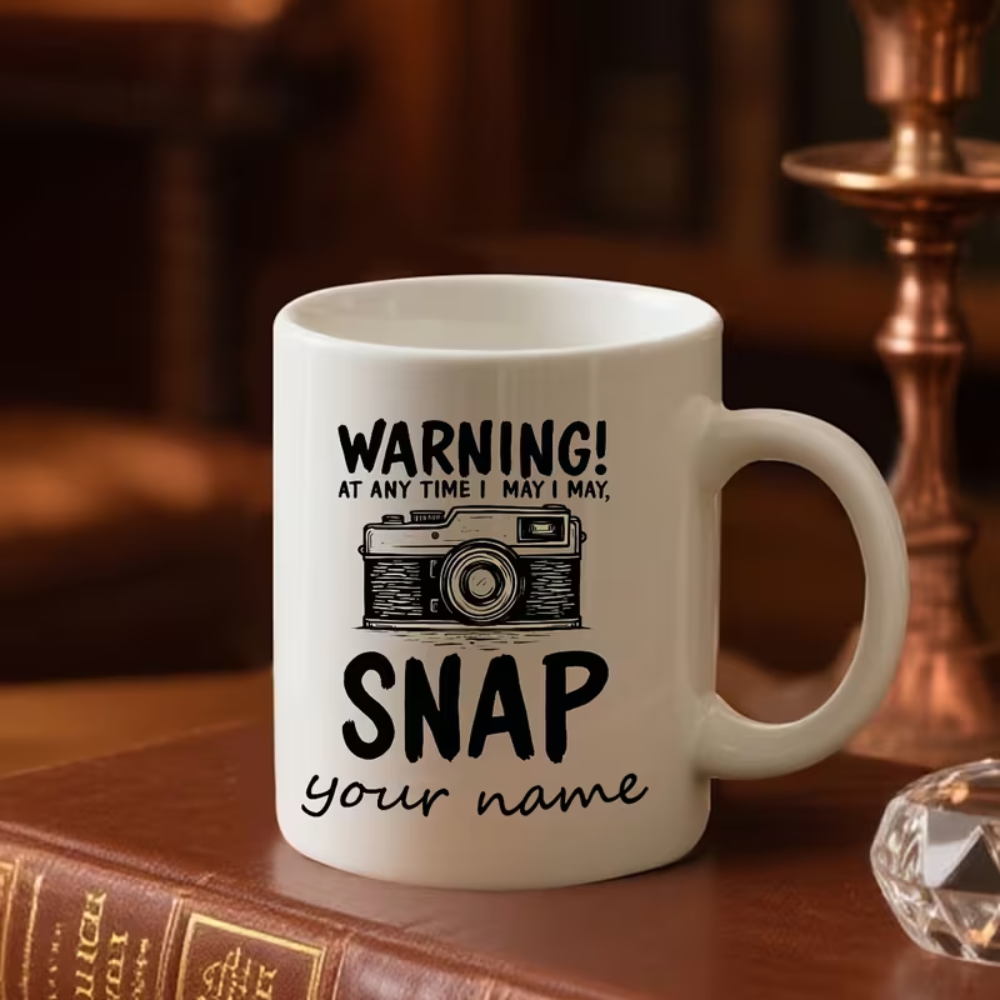1pc Funny Photographer Mug - Custom Name Personalized Coffee Cup with Camera Design & "Warning!