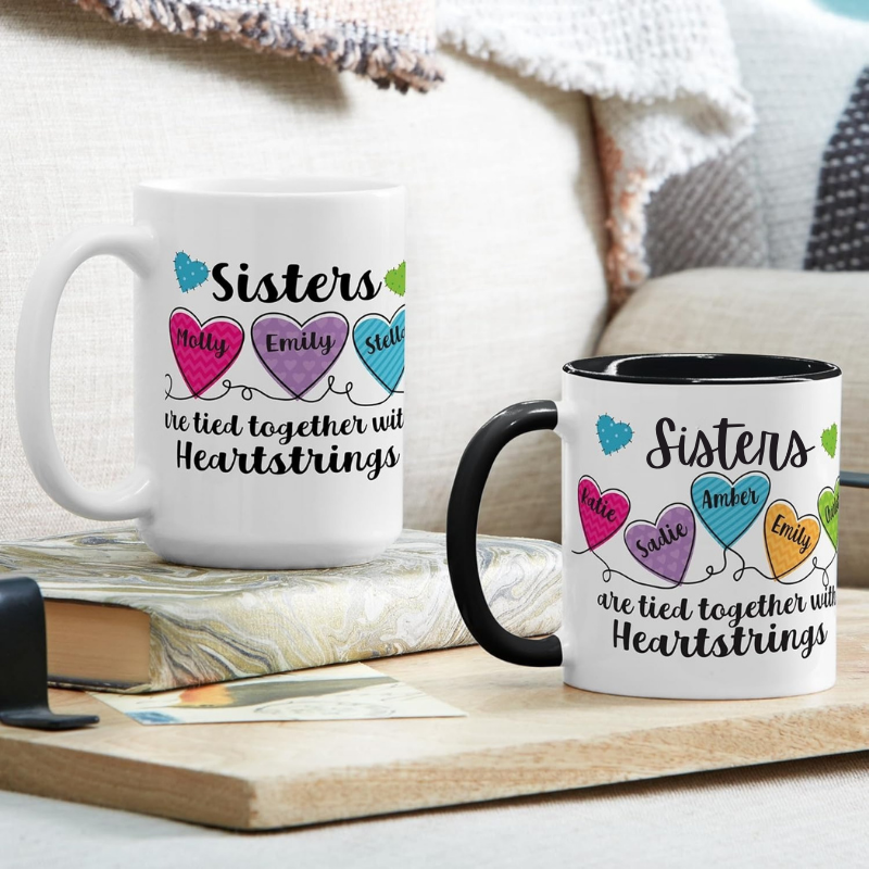 Personalized Sisters Names 15oz Ceramic Coffee Mug With Heartstring Design