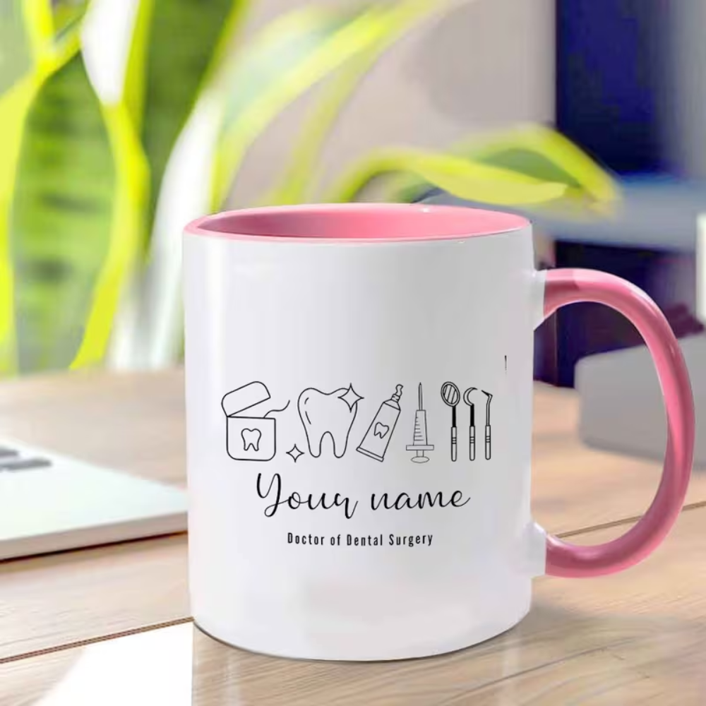 Name Dental Tool Pattern Ceramic Coffee Mug, Designed with Doctor of Dental Surgery Professional Label, Perfect for Graduation Season/Dentist Gifts, Dishwasher Safe