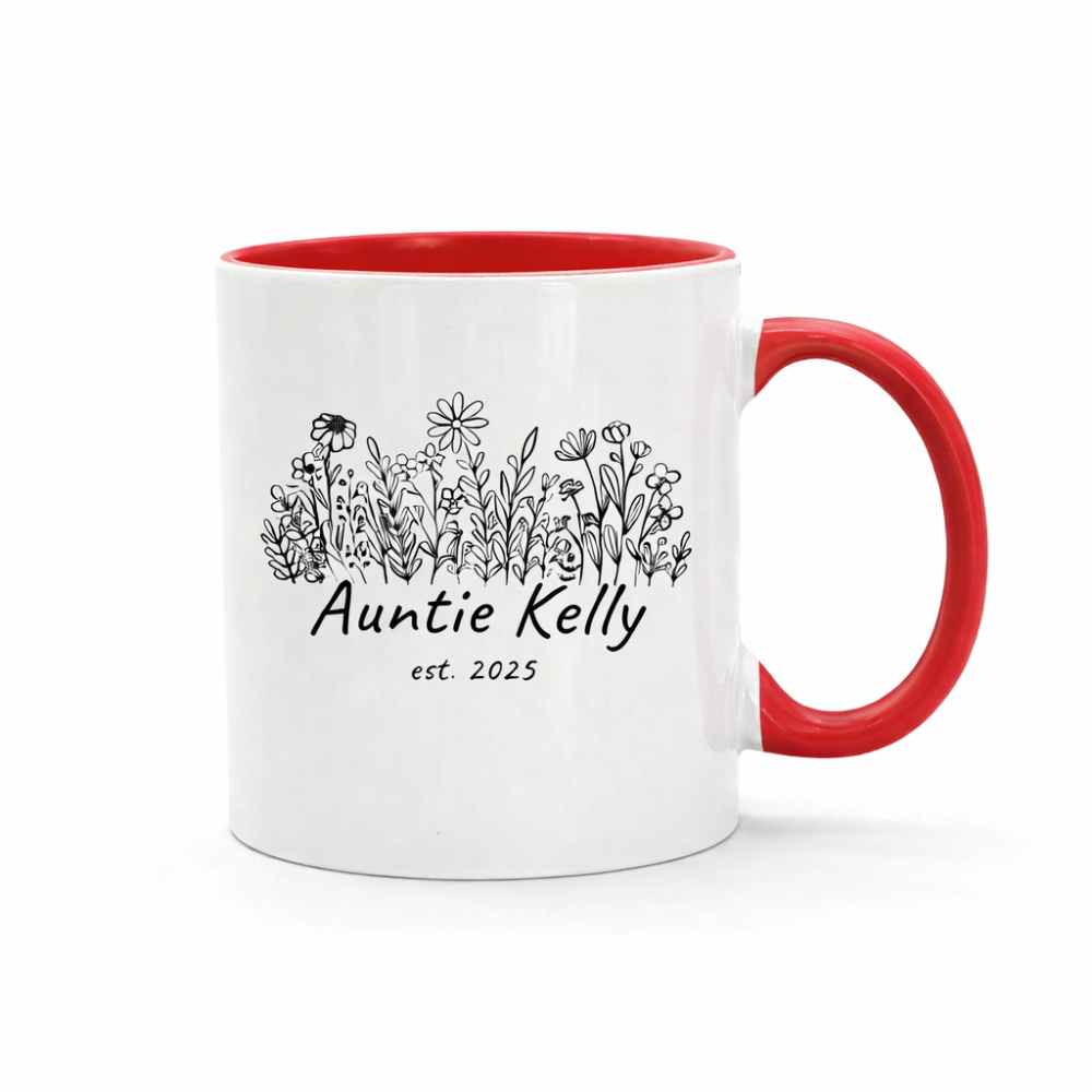 Custom Aunt Name Printed Coffee Mug With Floral Line Art Design