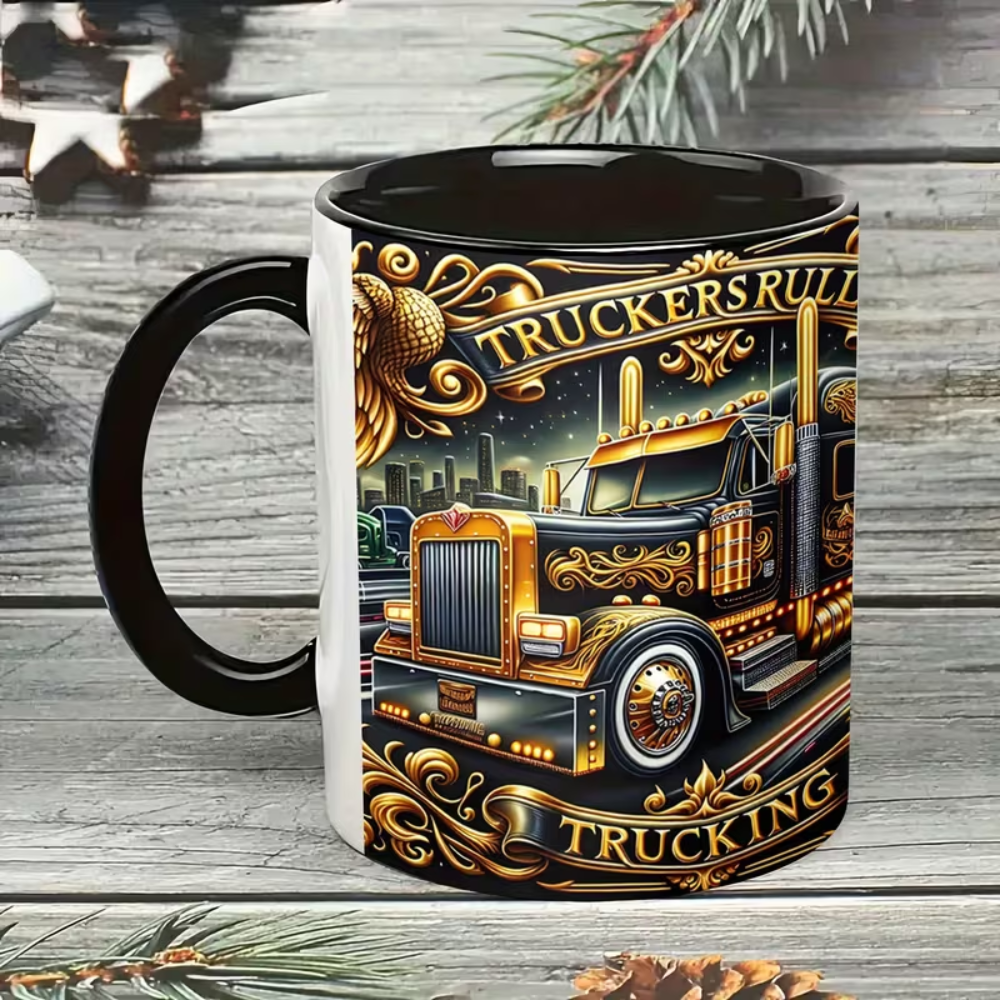 1pc Handmade Porcelain Coffee Mug with Truck-Themed Design & C-Shaped Handle - All-Over Print Truckers Roll Truck Cup Suitable for Hot & Cold Drinks, Ideal for Coffee, Tea, Soup - Gift for Truck, (No Dishwasher)