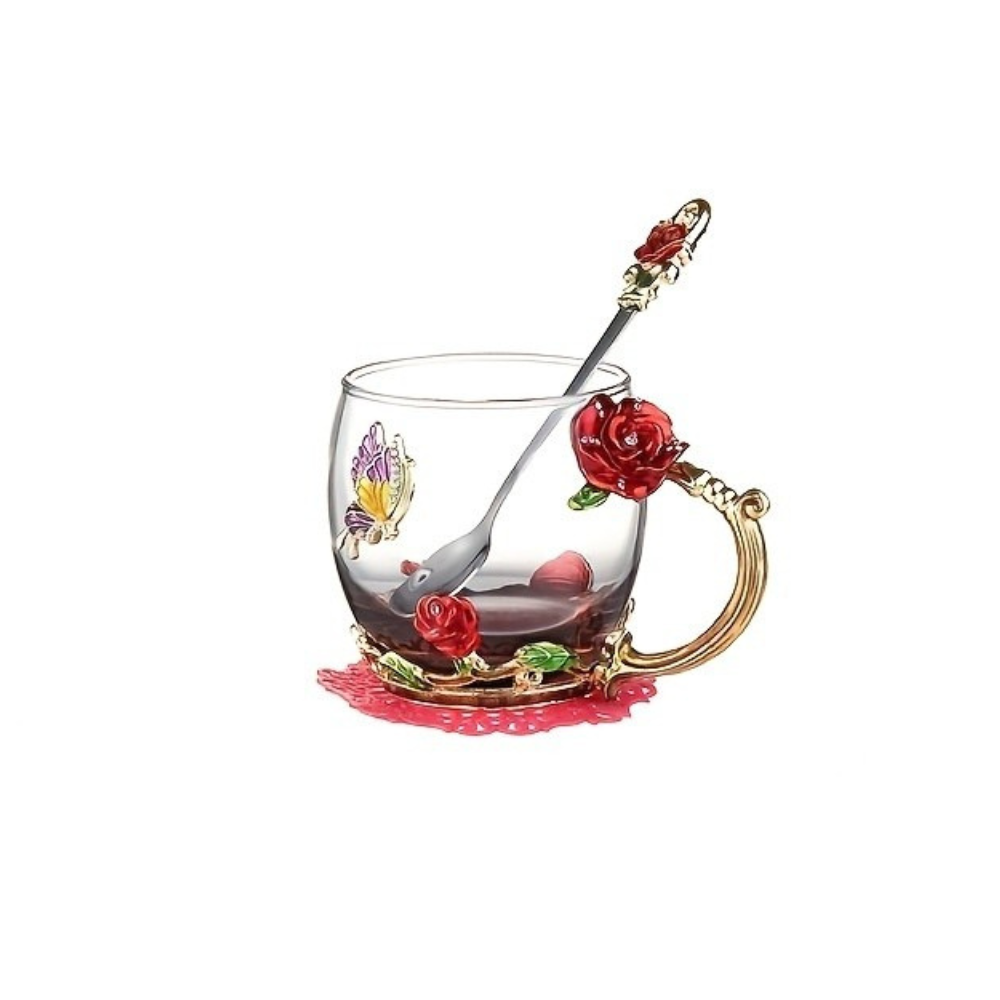 Rose Enamel Butterfly Glass Mug Set