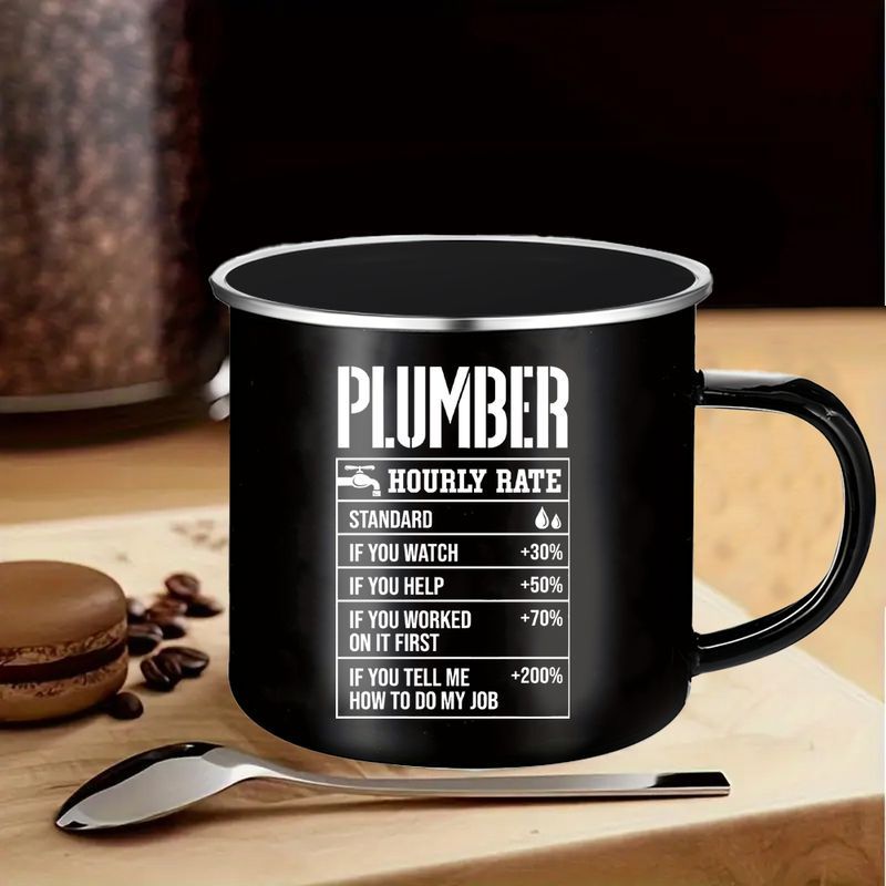 12oz Black Enamel Plumbers Coffee Mug With Funny Hourly Rate Design