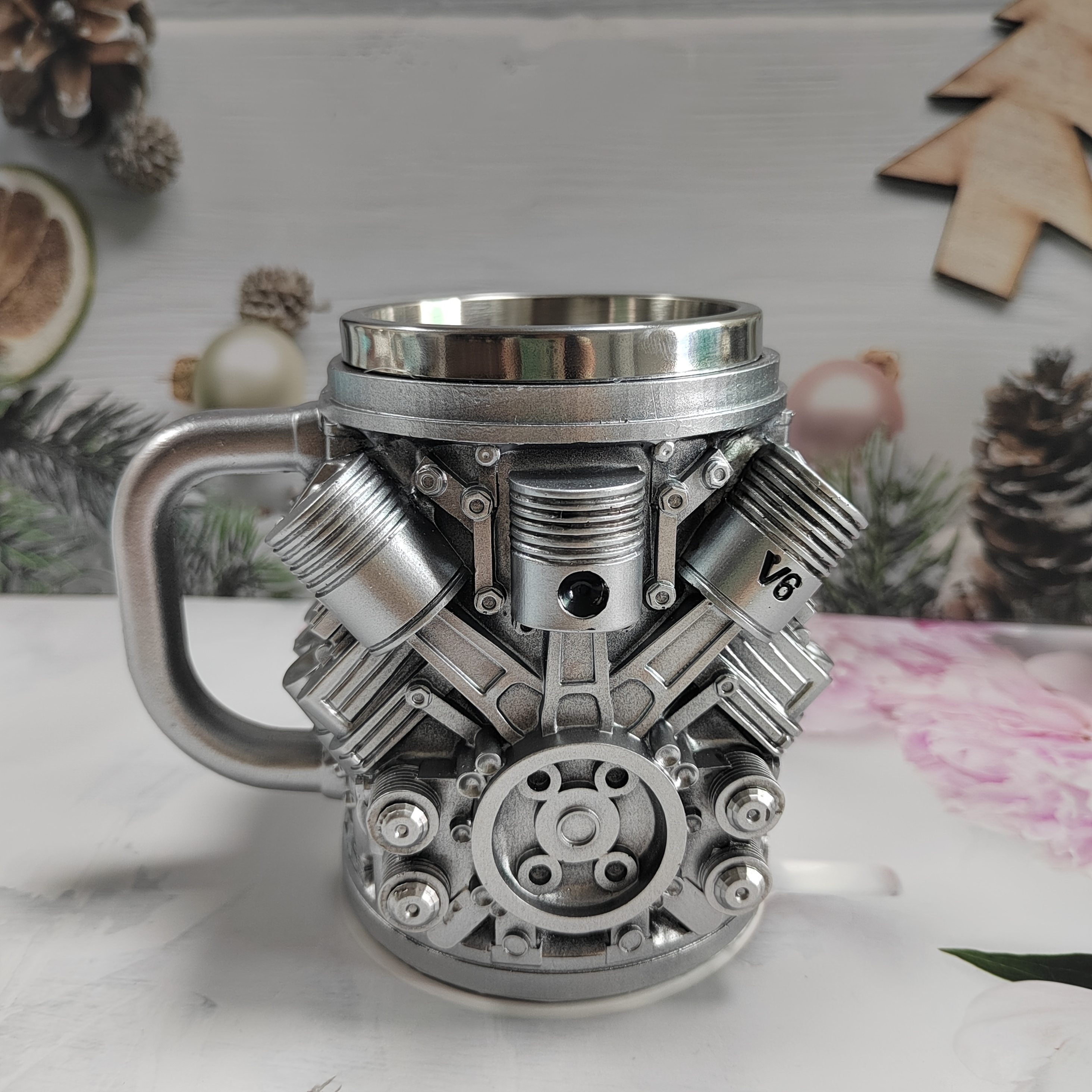 1pc Stainless Steel Engine Design Coffee Mug Featuring V8 And V6 Engine