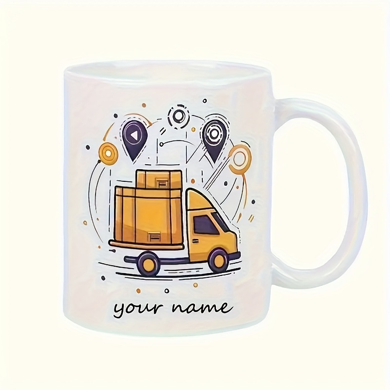 A Customizable Mug Featuring A Personalized Delivery Truck Design