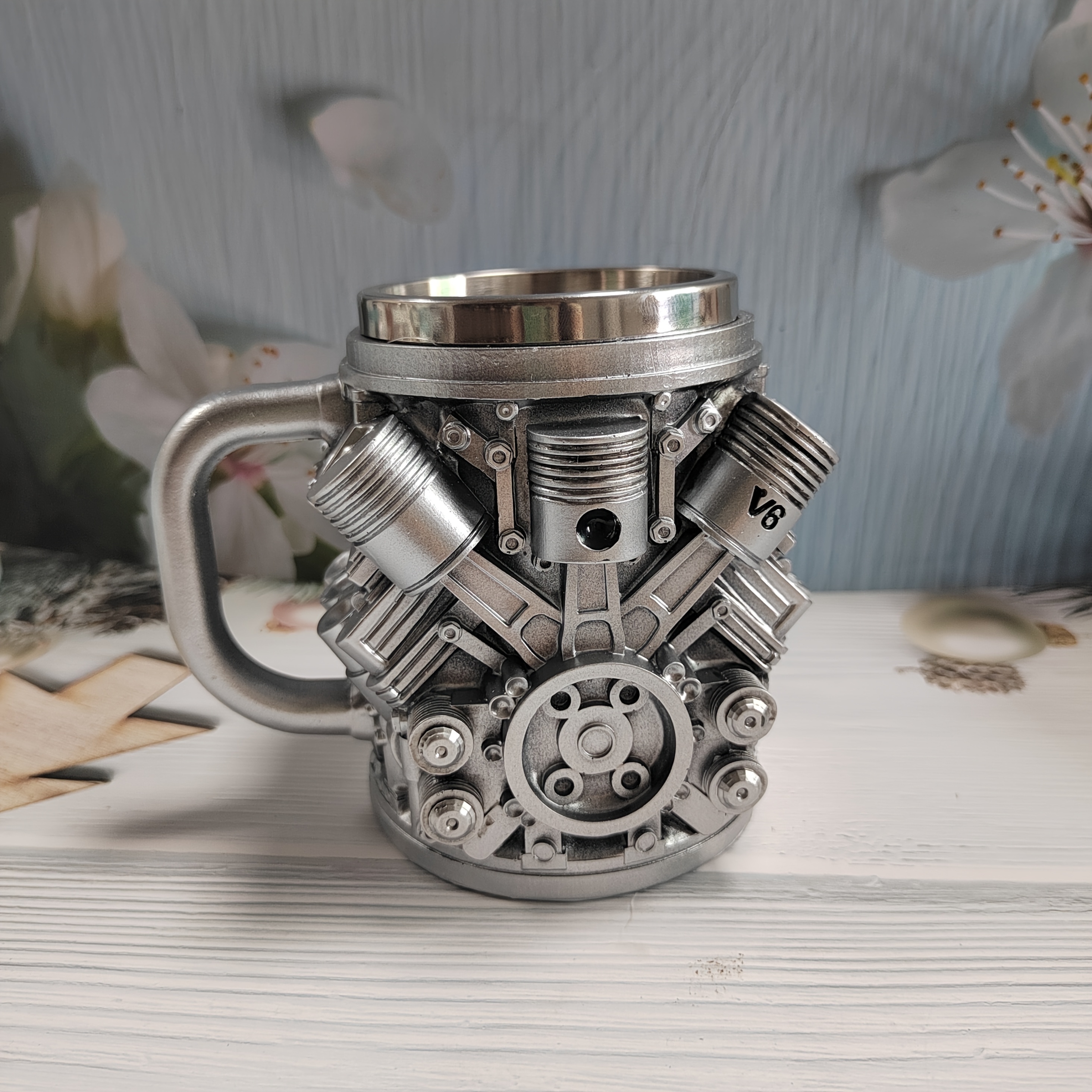 1pc Stainless Steel Engine Design Coffee Mug Featuring V8 And V6 Engine