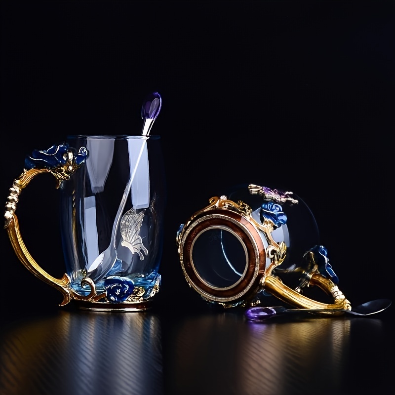 Rose Enamel Butterfly Glass Mug Set