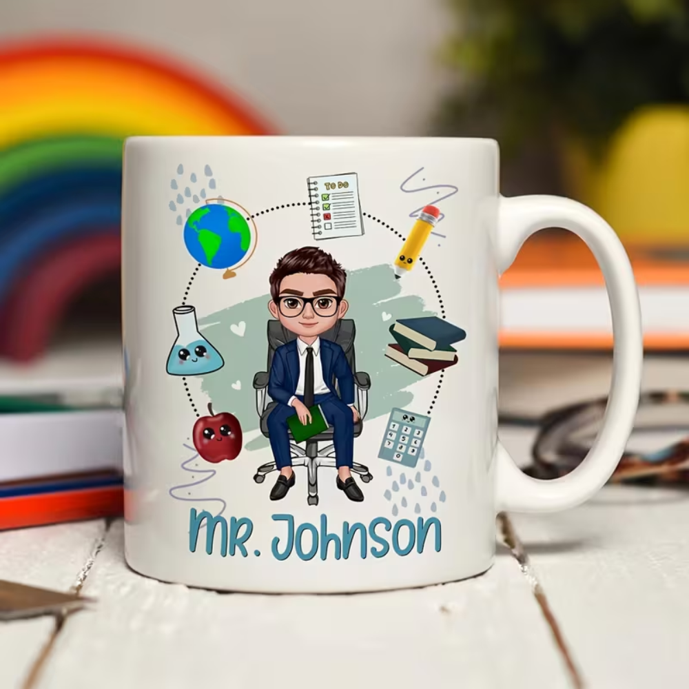 Personalized Teacher Mug - Custom Name Classroom Cup with Educational Theme Design