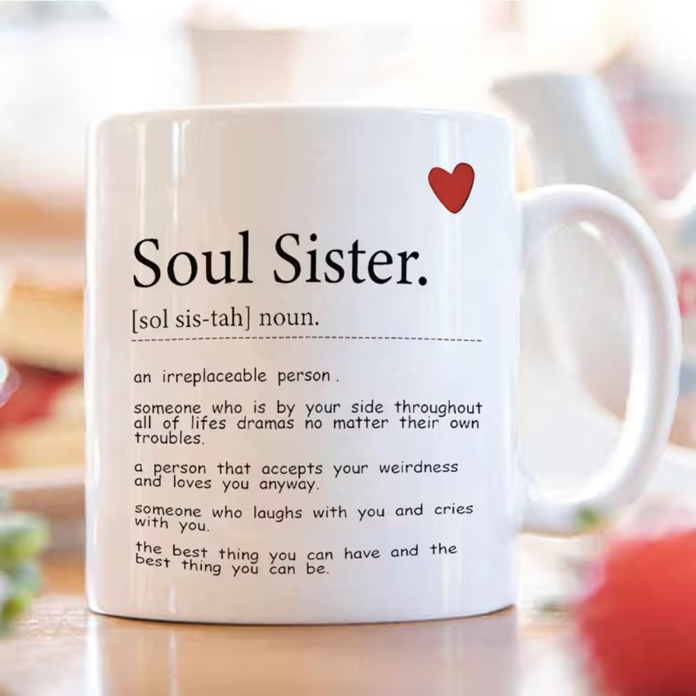 1pc Soul Sister Coffee Mug with Inspirational Quotes & Heart Design - Sister Gift for, Dishwasher 11oz Tea/Coffee Cup for Birthday