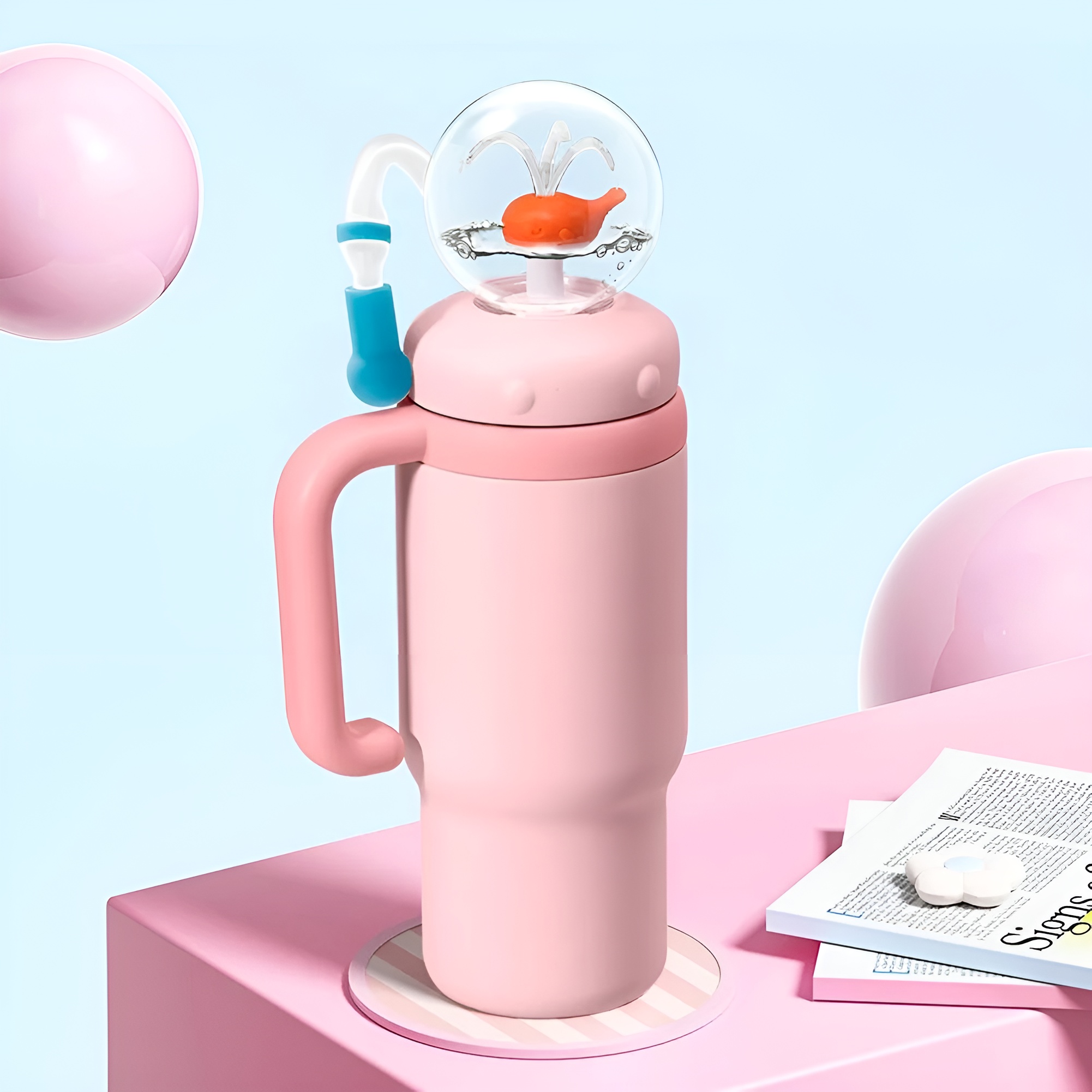 Insulated Whale Fountain Tumbler With Handle And Two Lids