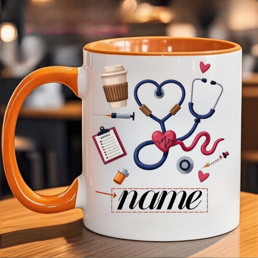 Custom Name Medical-Themed Coffee Cup Featuring a Stethoscope, Heart Design