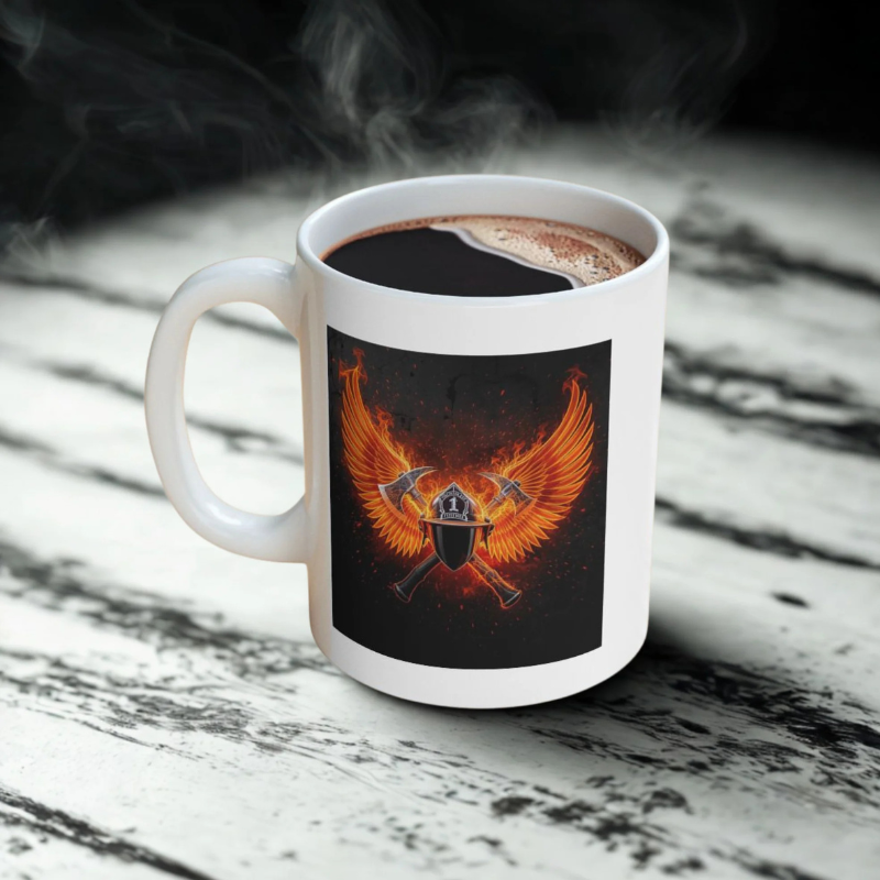 Forged in Flame Firefighter Coffee Mug Storm Response Fire Helmet Axe Wing Ceramic Cup 11 Oz