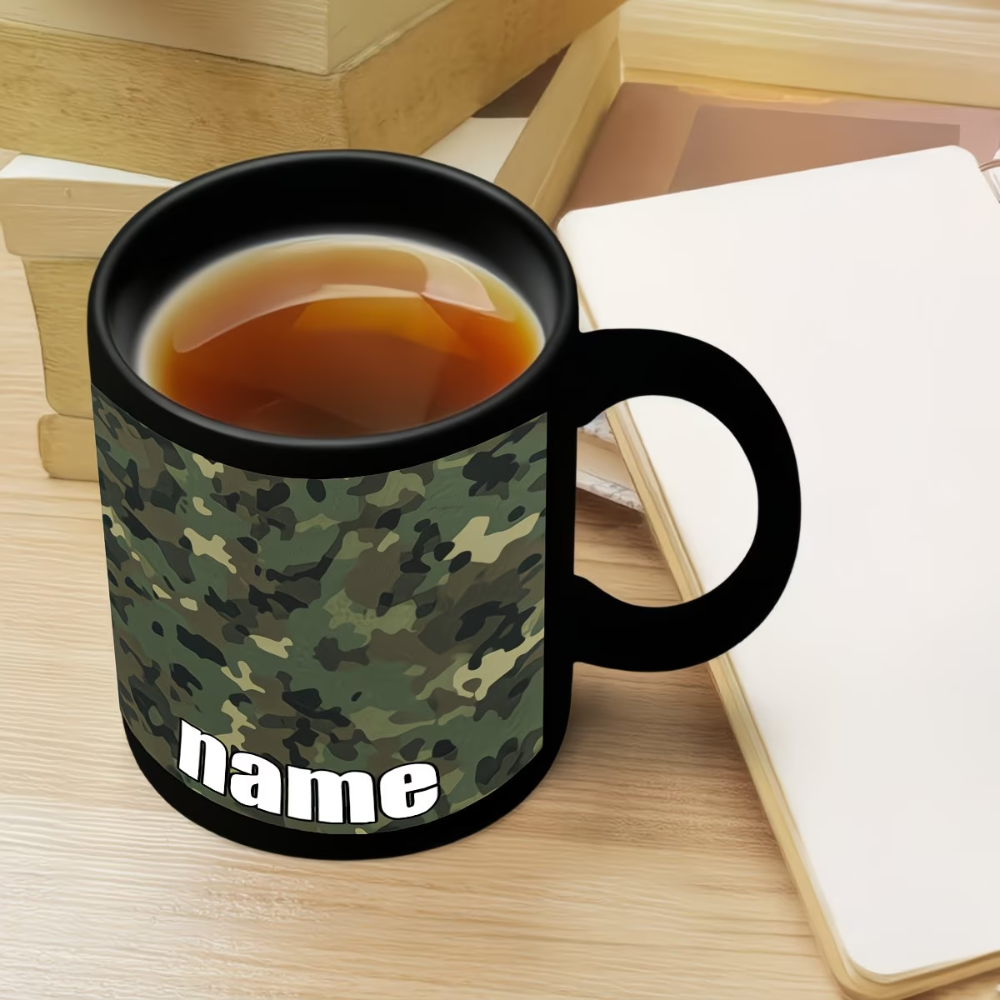 1pc, Customizable Camo Pattern Cute And Durable Black Mug, 11 Ounces Cartoon Anime