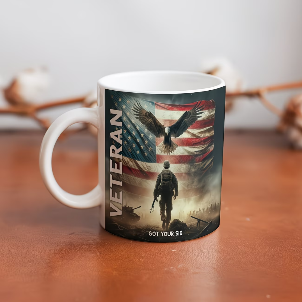 Themed Ceramic Coffee Mug - Veteran Eagle & Flag Design, Wide Mouth Cup for Outdoor, Camping & Travel