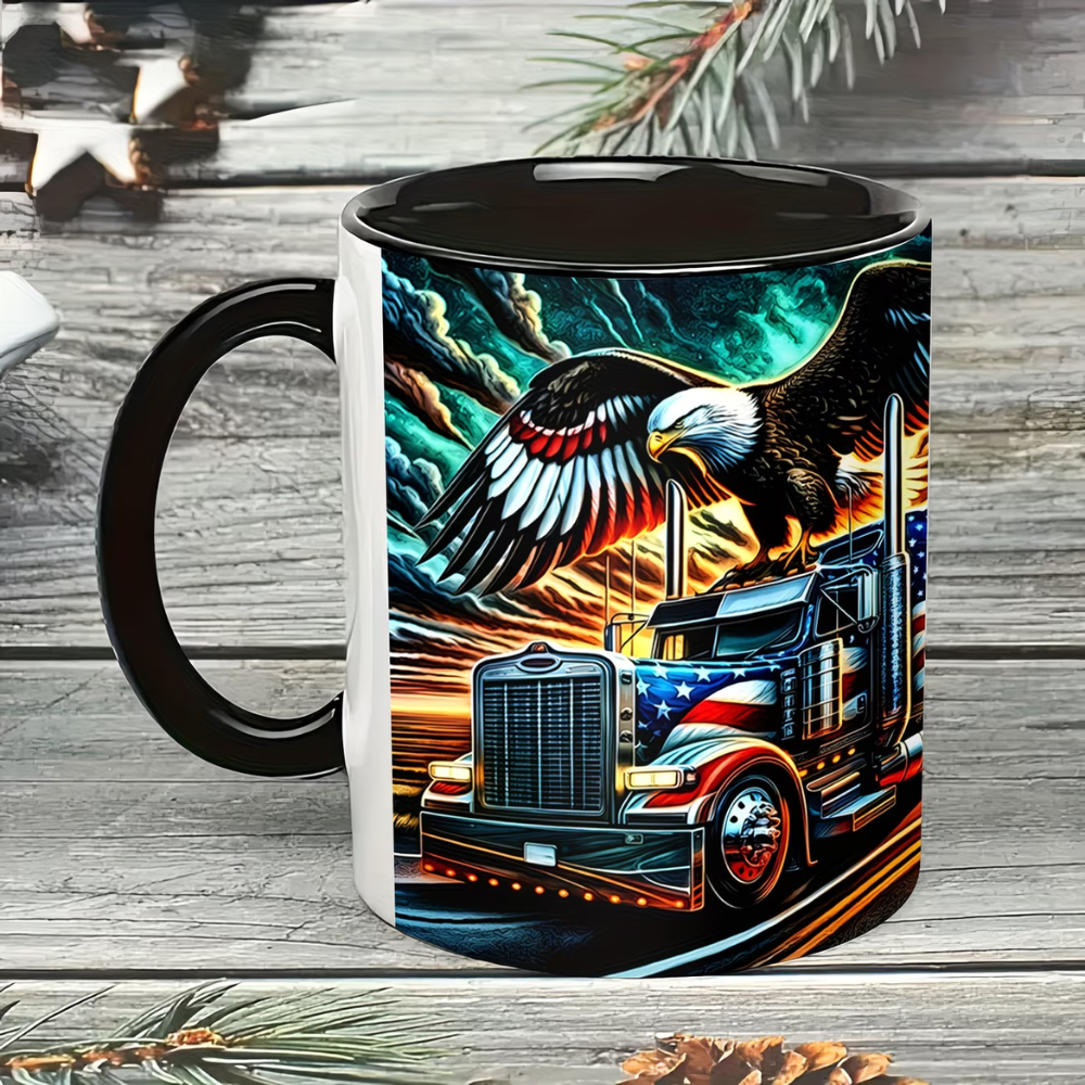 Ceramic Truck Coffee Mug with Eagle and American Flag Print