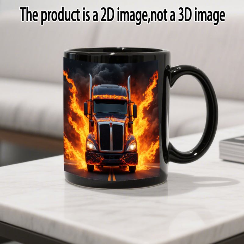 1pc Flame Truck Mug 11oz Heavy Duty Black Ceramic Coffee Cup with Fire Truck