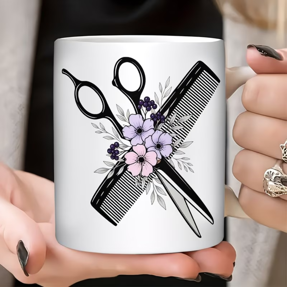 11oz Hairdresser Mug - Ceramic Coffee Cup with Hair Scissors, Comb & Barber Pole-like Floral Design (Pink/White), Black Interior & Handle