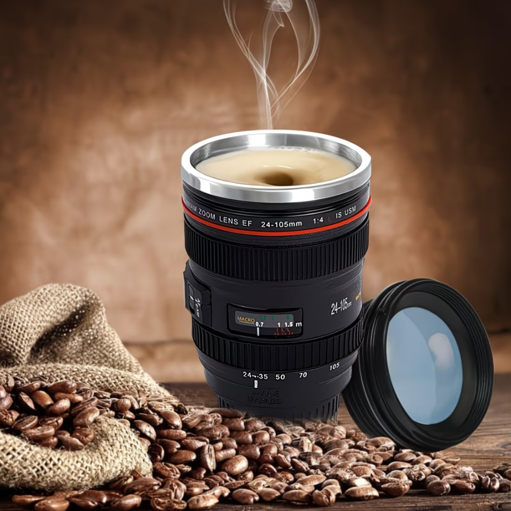 [Everyday Comfort] Camera Lens Coffee Mug | Stainless Steel & BPA-Free ABS Plastic | Multi-Use Travel Cup with Retractable Lid | Ideal