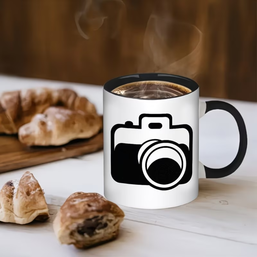 11oz Camera-Shaped Coffee Mug - White Camera & Aperture Design Ceramic Cup with Black Interior & Handle, Photography Lover