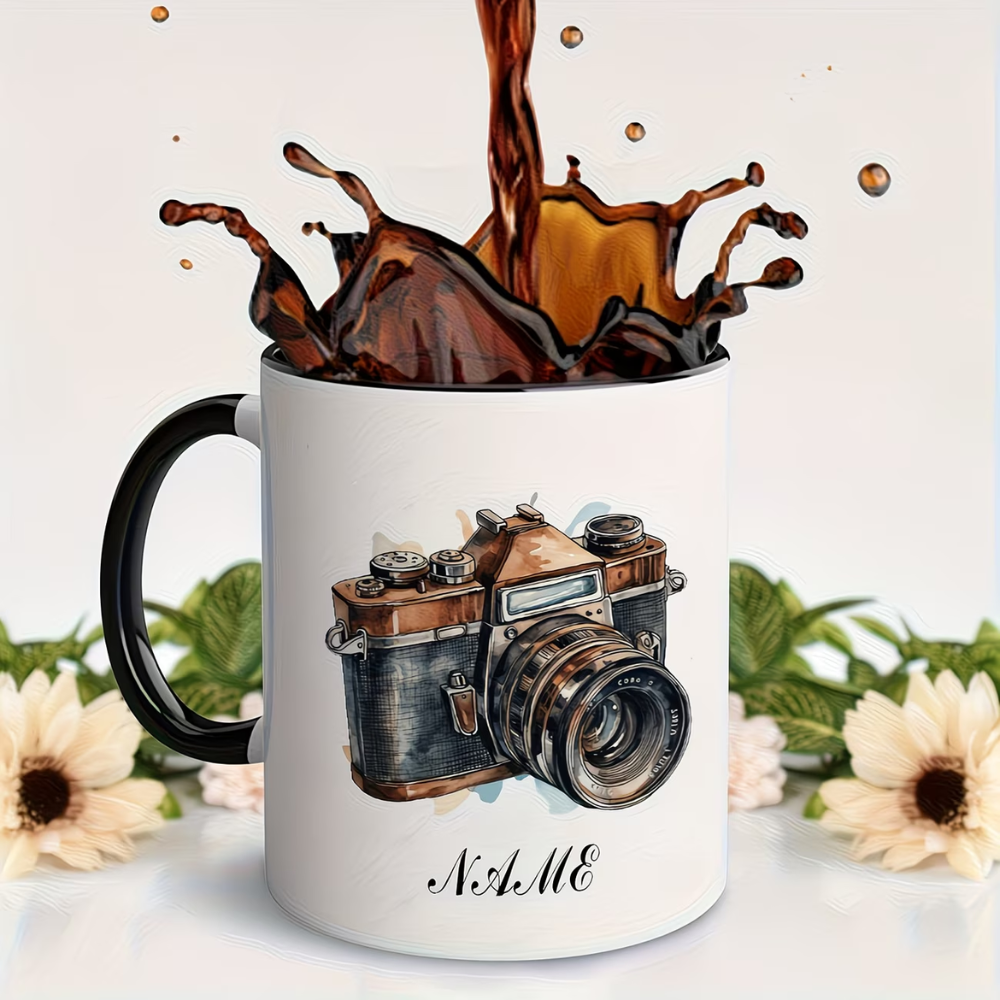 A Customized 11-Ounce Ceramic Mug with a Vintage Camera Design