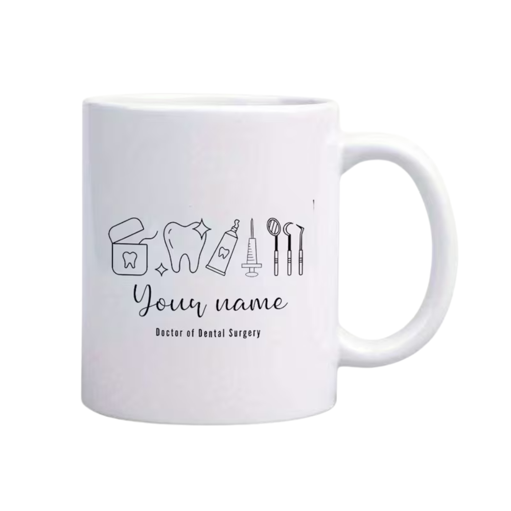 Name Dental Tool Pattern Ceramic Coffee Mug, Designed with Doctor of Dental Surgery Professional Label, Perfect for Graduation Season/Dentist Gifts, Dishwasher Safe