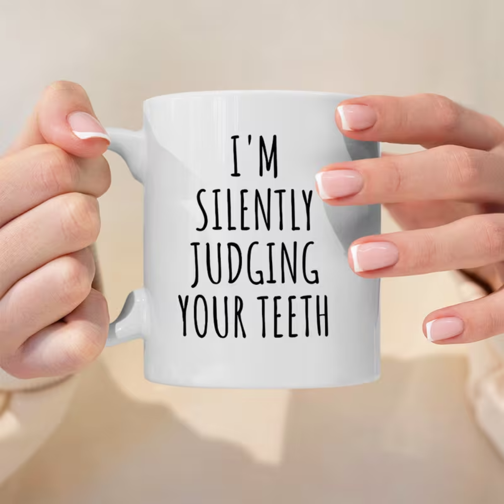 1pc Personalized Dental Mug - Custom Name & Funny "I'm Silently Judging Your Teeth" Message 