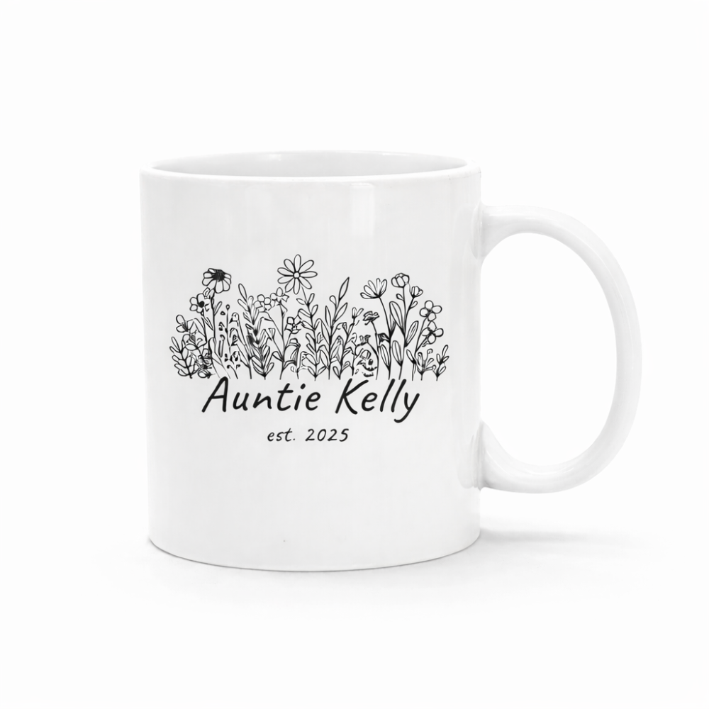 Custom Aunt Name Printed Coffee Mug With Floral Line Art Design