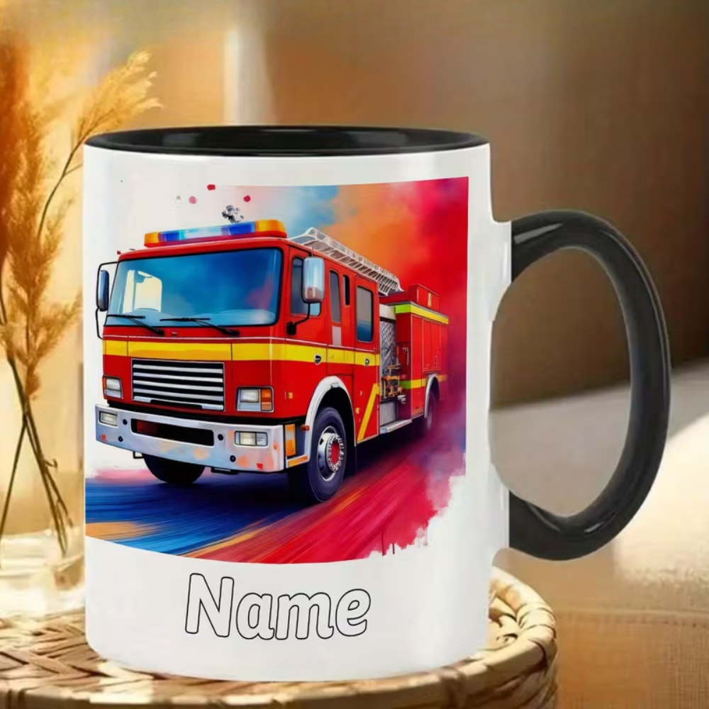 Personalized Name Print Fire Truck Themed 11oz Coffee Mug For Fire Fighters