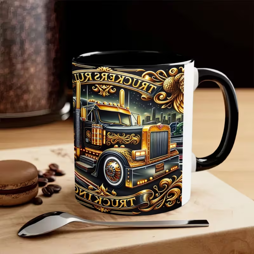 1pc Handmade Porcelain Coffee Mug with Truck-Themed Design & C-Shaped Handle - All-Over Print Truckers Roll Truck Cup Suitable for Hot & Cold Drinks, Ideal for Coffee, Tea, Soup - Gift for Truck, (No Dishwasher)