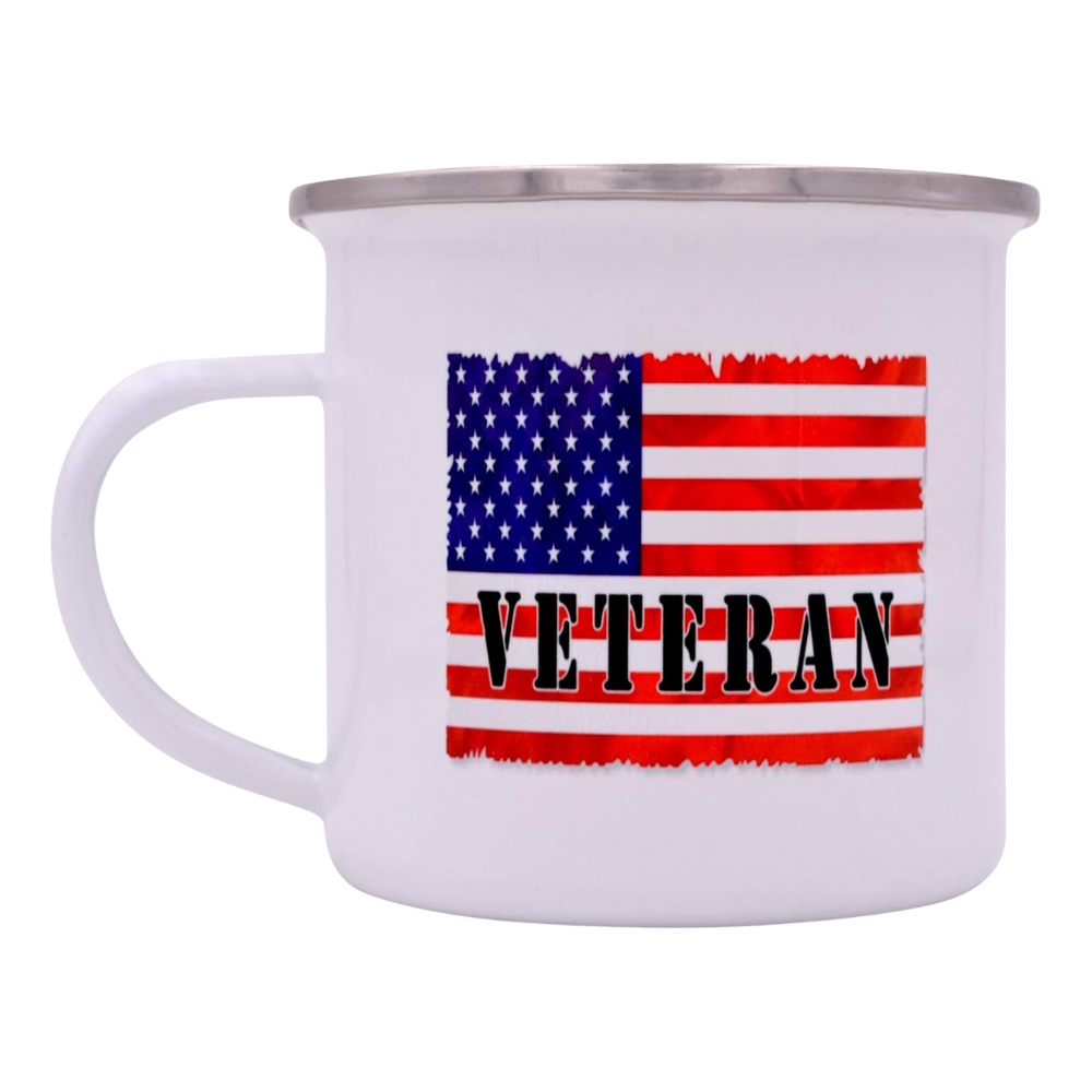 Military Veteran Camp Mug Enamel Camping Coffee Cup Gift For Vet USA Tattered Flag