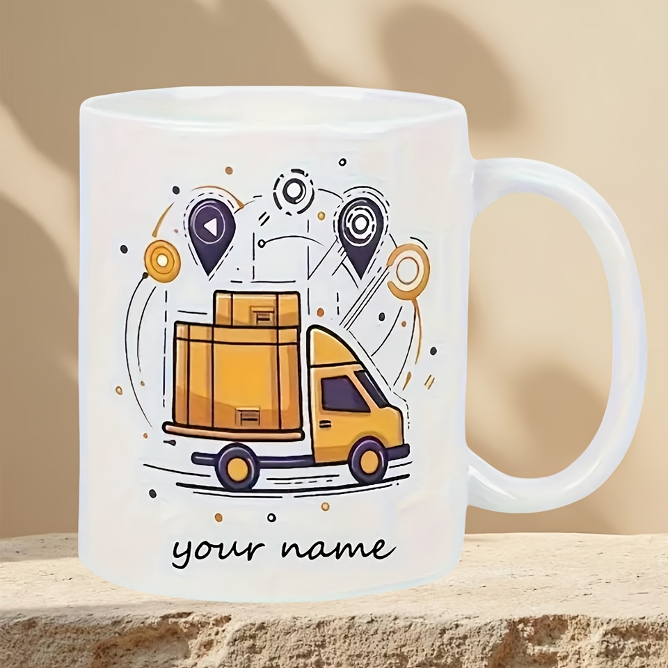 A Customizable Mug Featuring A Personalized Delivery Truck Design