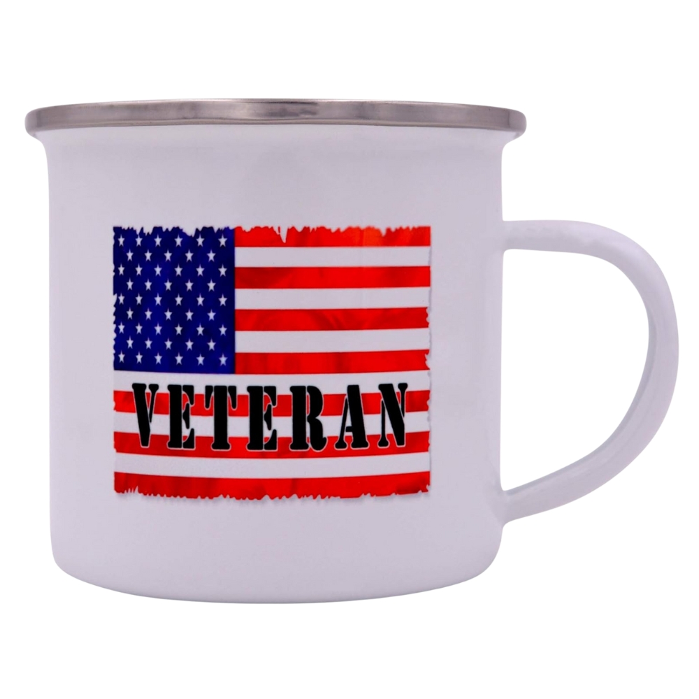 Military Veteran Camp Mug Enamel Camping Coffee Cup Gift For Vet USA Tattered Flag