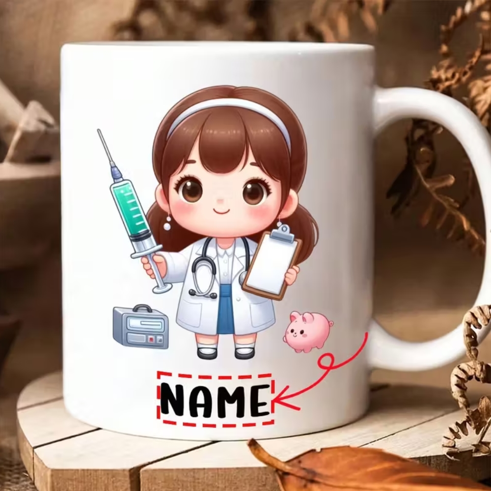 11-Ounce "Cute Doctor Nurse Injection Pattern" Coffee Mug - Customizable with Names