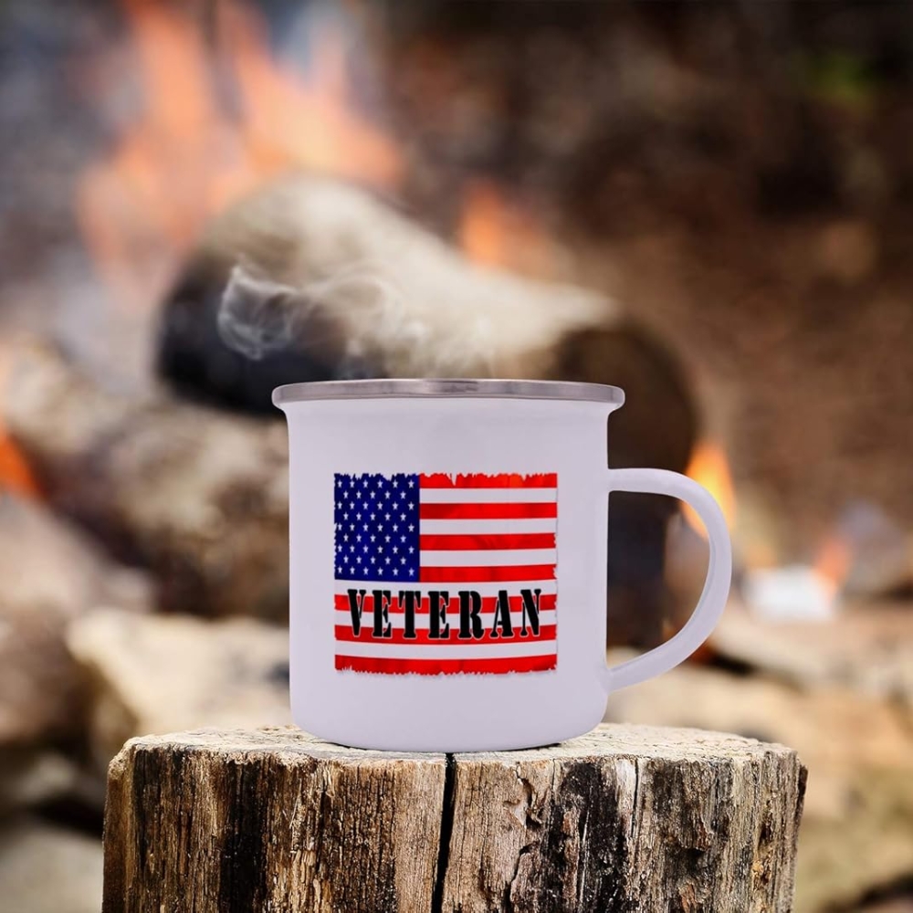 Military Veteran Camp Mug Enamel Camping Coffee Cup Gift For Vet USA Tattered Flag