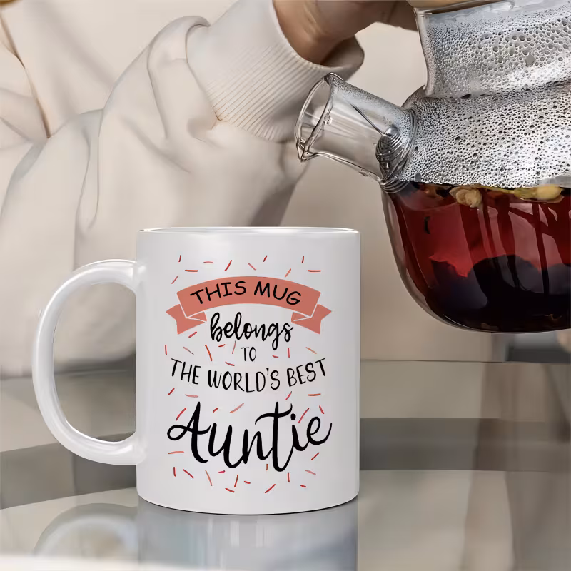 aunt ceramic coffee mug 11oz a fun and thoughtful gift for birthdays weddings or family use featuring a vibrant red and with pink handles dishwasher safe coffee cup Product details 8