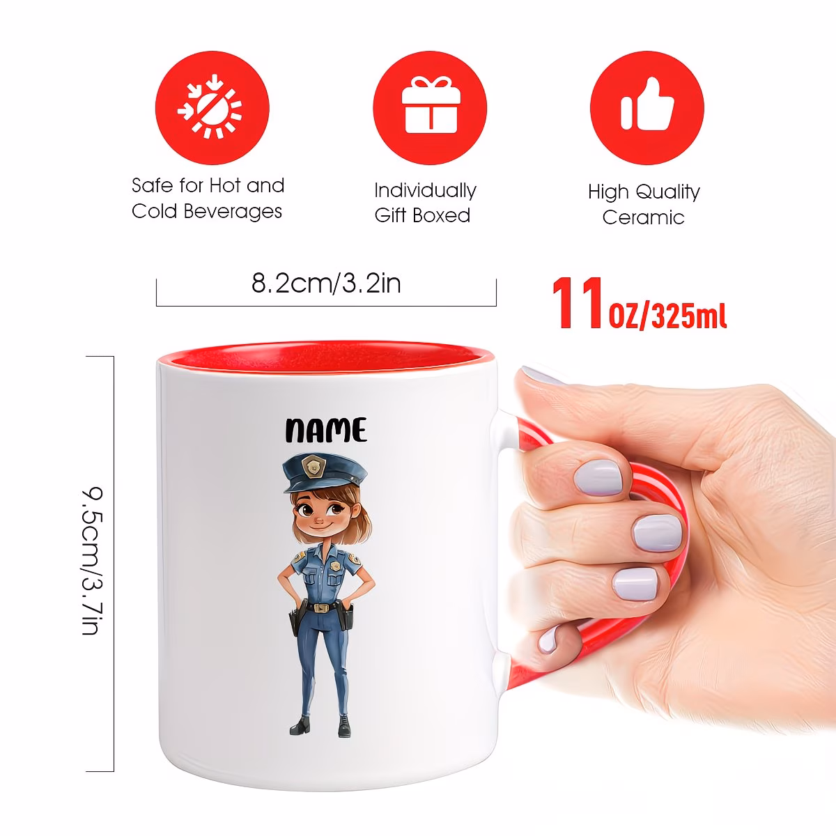 1pc 11oz personalized name custom police officer ceramic coffee mug featuring smiling female officer uniform badge and hat design ideal for daily use or gifting desk decoration law appreciation themed parties 1