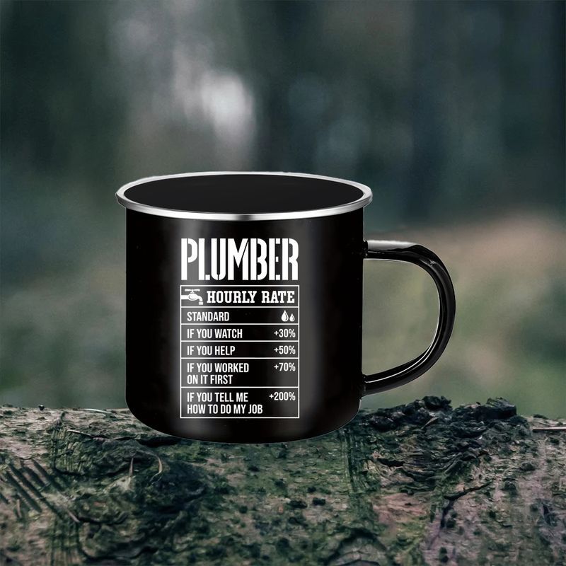 12oz Black Enamel Plumbers Coffee Mug With Funny Hourly Rate Design