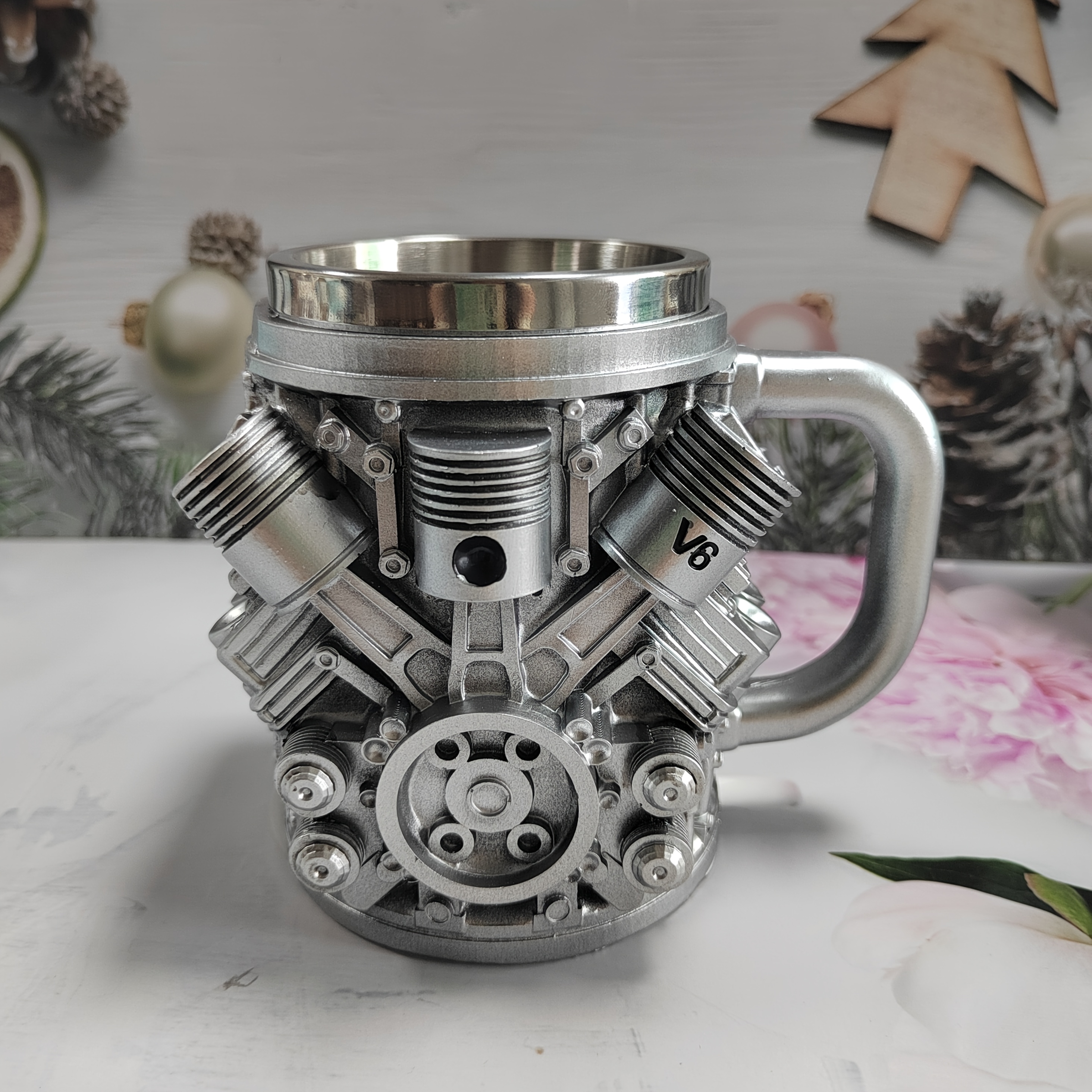 1pc Stainless Steel Engine Design Coffee Mug Featuring V8 And V6 Engine