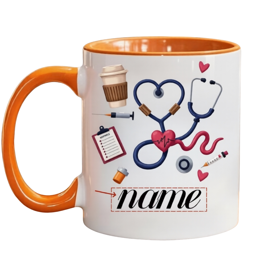 Custom Name Medical-Themed Coffee Cup Featuring a Stethoscope, Heart Design