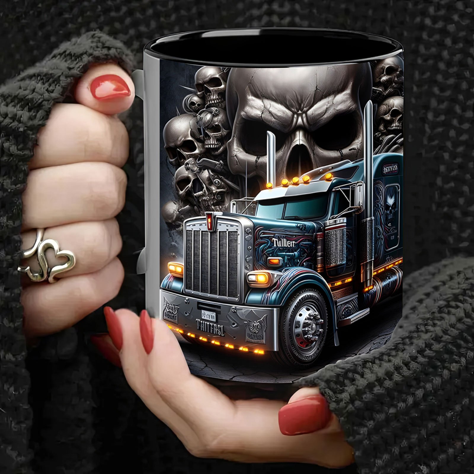 Coffee Mug Skull and Semi Truck Print Design Funny Dad Mug Fathers Day Gift