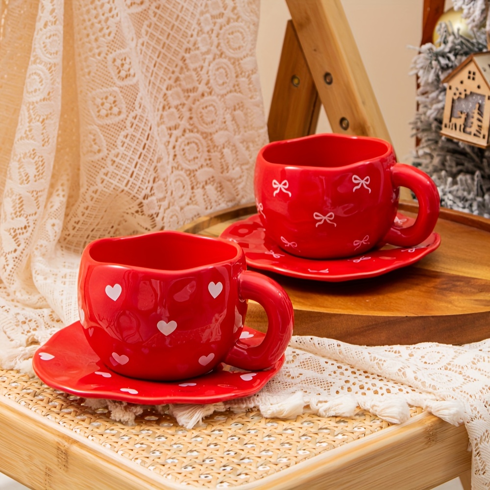 Printed Ceramic Coffee Cup With Irregular Shape And Saucer